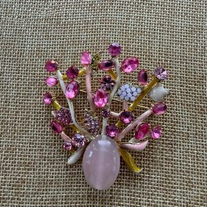 Vintage Enamel and Pink Rhinestones Flower Bouquet Brooch